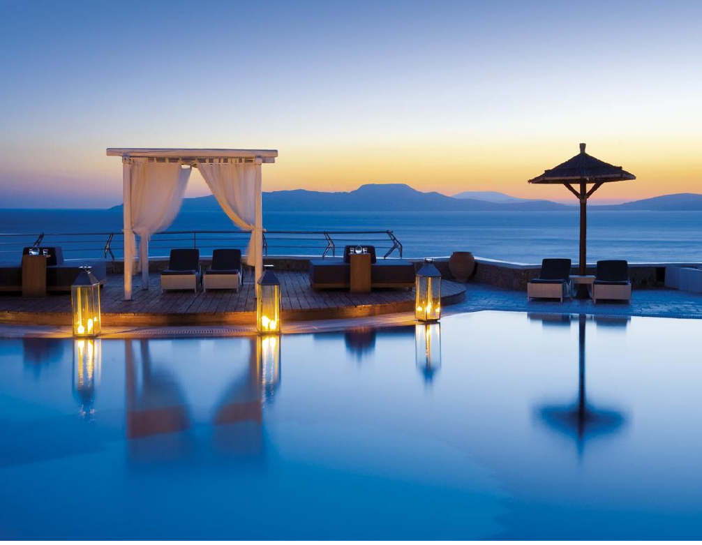 Mykonos Grand Hotel and Resort- View of the Swimming pool and the sea -  best honeymoon hotels in mykonos