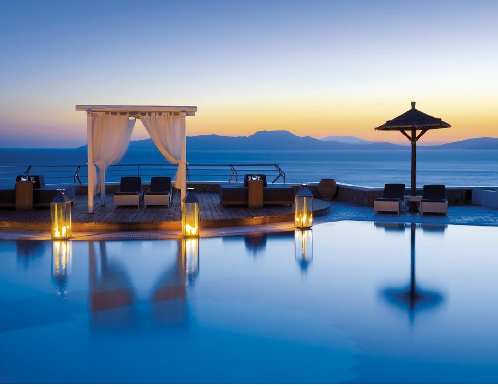 Mykonos Grand Hotel and Resort- View of the Swimming pool and the sea - best honeymoon hotels in mykonos