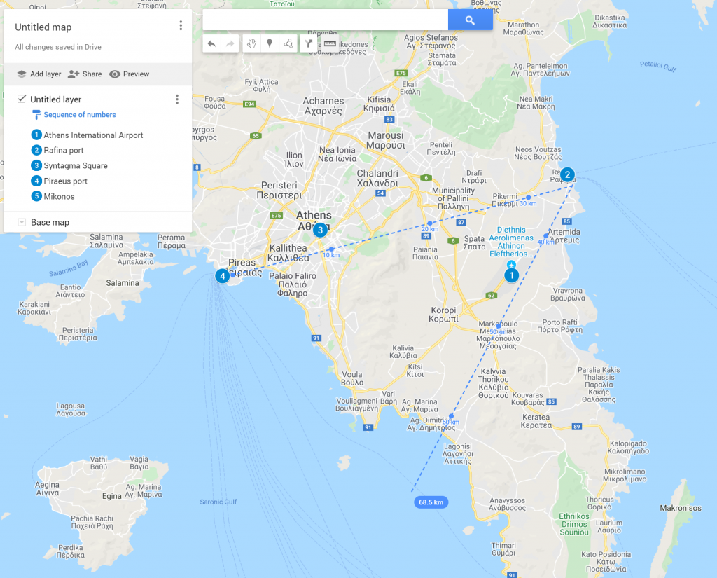 Une carte avec le Port du Pirée, le Port de Rafina, l'Aéroport d'Athènes, et le centre-ville d'Athènes (Place Syntagma)